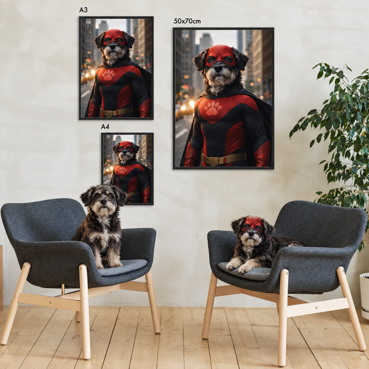 Póster personalizado de un perro como superhéroe con disfraz rojo, enmarcado en tres tamaños en la pared.