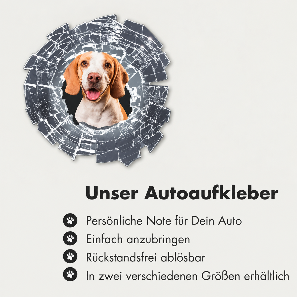 Pegatina de coche personalizada con foto de perro en forma de cristal roto.