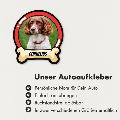 Pegatina de coche personalizada en forma de perro con marco rojo y el nombre "CORNELIUS".
