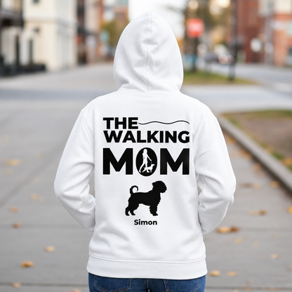 Sudadera con capucha blanca con "THE WALKING MOM" en la espalda y silueta de perro, personalizada con el nombre Simon