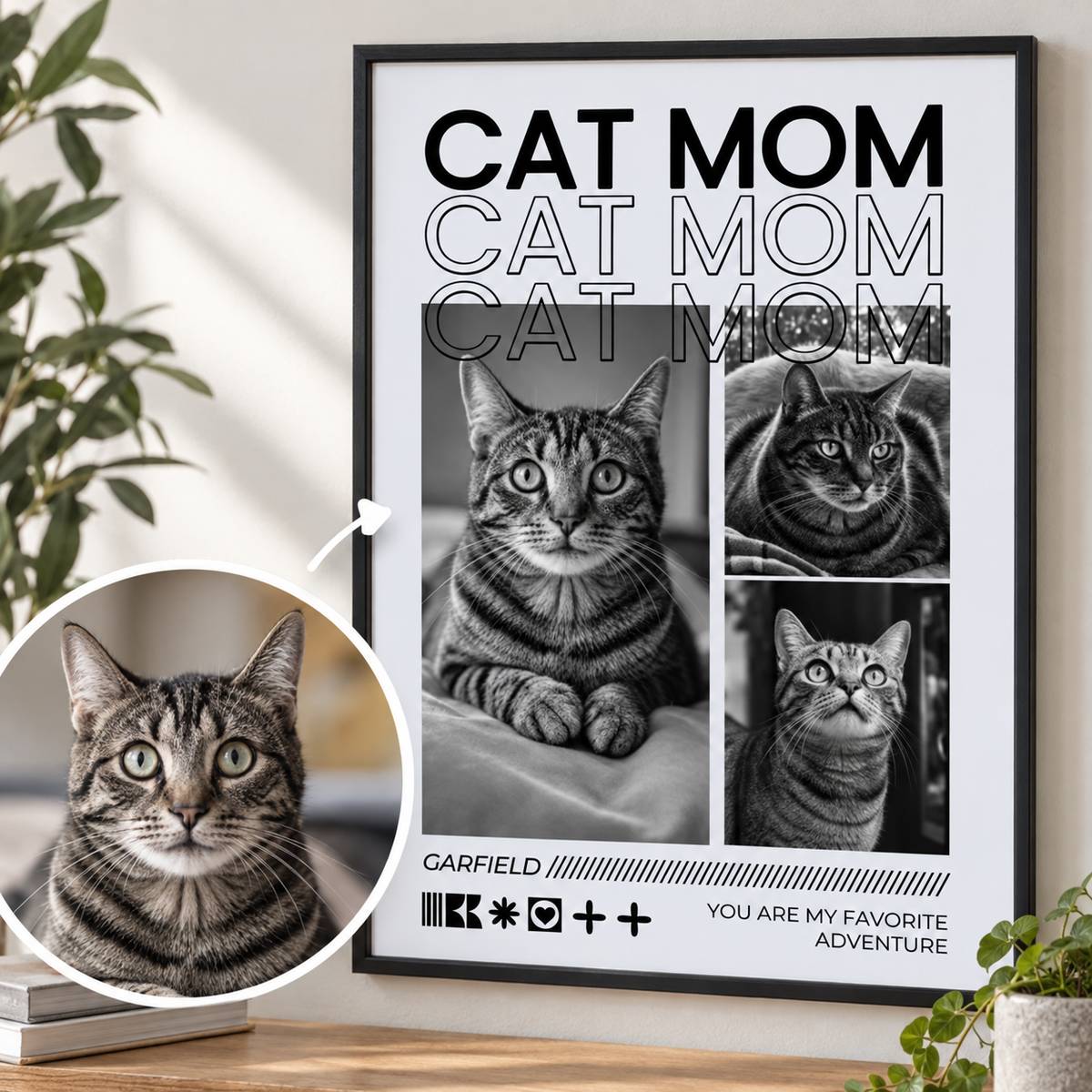 Póster personalizado con el texto "Cat Mom" y fotos en blanco y negro de un gato atigrado.