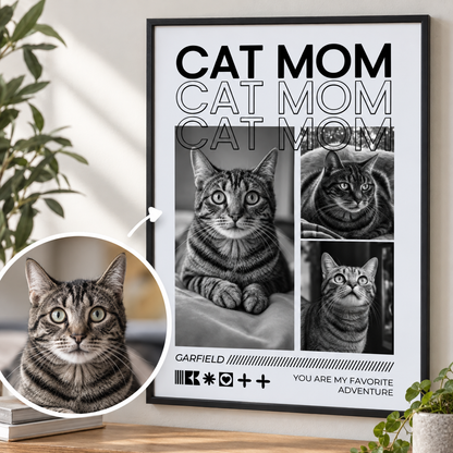 Póster personalizado con el texto "Cat Mom" y fotos en blanco y negro de un gato atigrado.