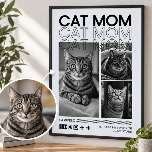Póster personalizado con el texto "Cat Mom" y fotos en blanco y negro de un gato atigrado.