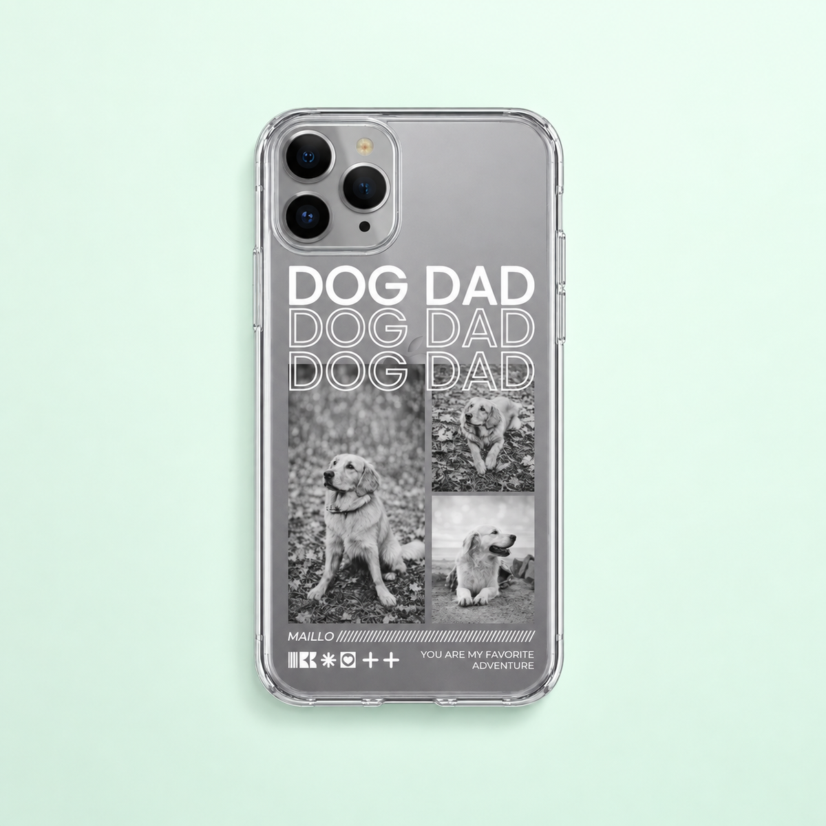 Funda de móvil personalizada con el texto "Dog Dad" y fotos de un perro en blanco y negro.