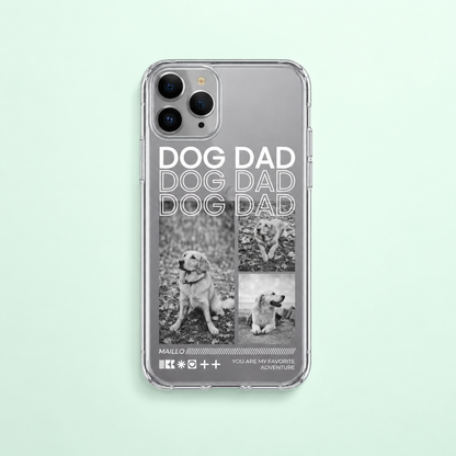 Funda de móvil personalizada con el texto "Dog Dad" y fotos de un perro en blanco y negro.