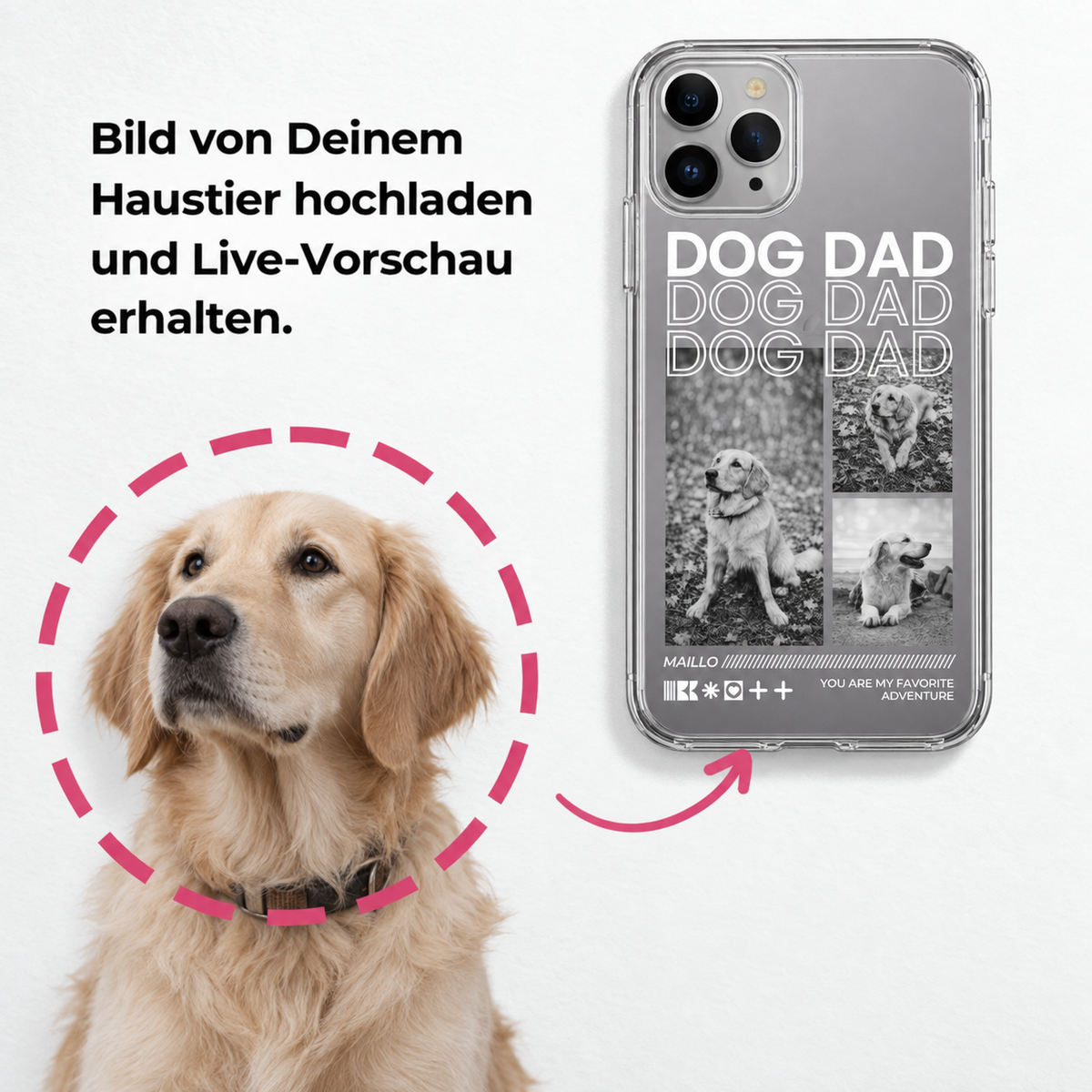 Funda de móvil transparente con el texto "DOG DAD" y espacio para una foto de tu perro.