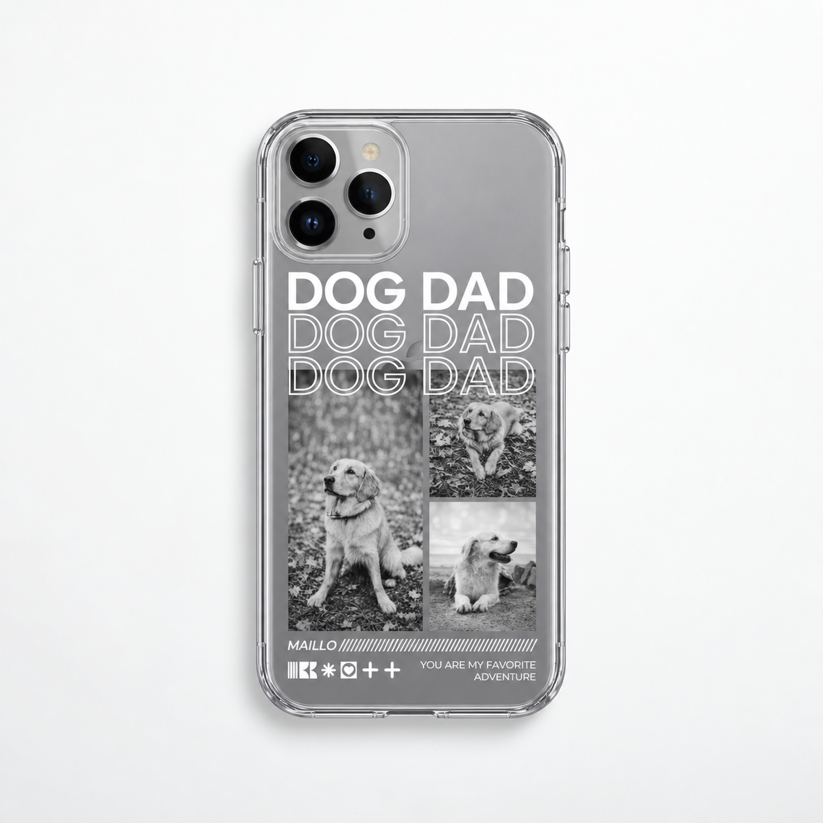 Funda de móvil de plástico transparente con motivos y el texto "Dog Dad" en blanco y negro.