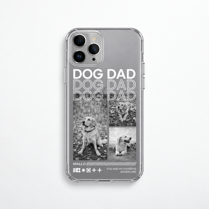 Funda de móvil de plástico transparente con motivos y el texto "Dog Dad" en blanco y negro.