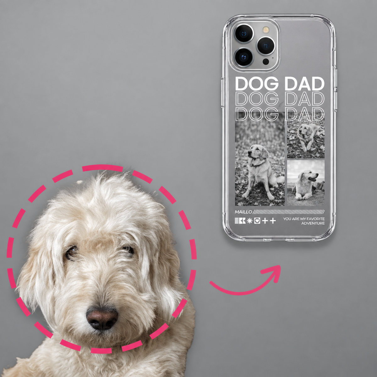 Funda de móvil transparente personalizada con fotos en negro y color y el texto "DOG DAD".