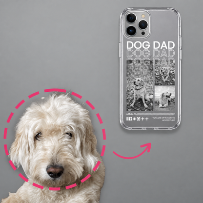Funda de móvil transparente personalizada con fotos en negro y color y el texto "DOG DAD".