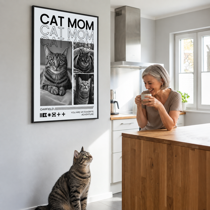 Pósters personalizados "Cat Mom" con fotos de gatos en blanco y negro, marco negro.