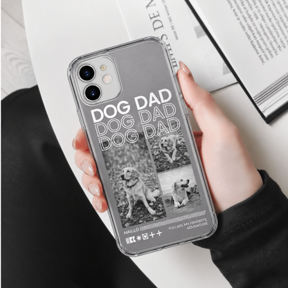 Funda de móvil personalizada para papás de perros con parte trasera transparente y fotos de perros.