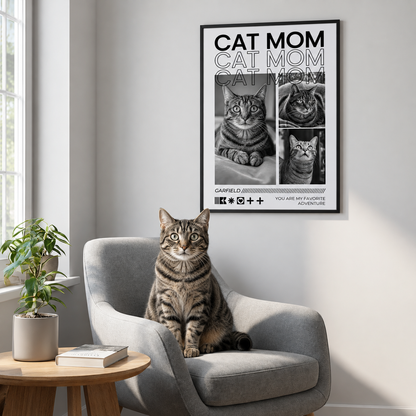 Póster personalizado con el texto "Cat Mom" y fotos de un gato, en un marco moderno.