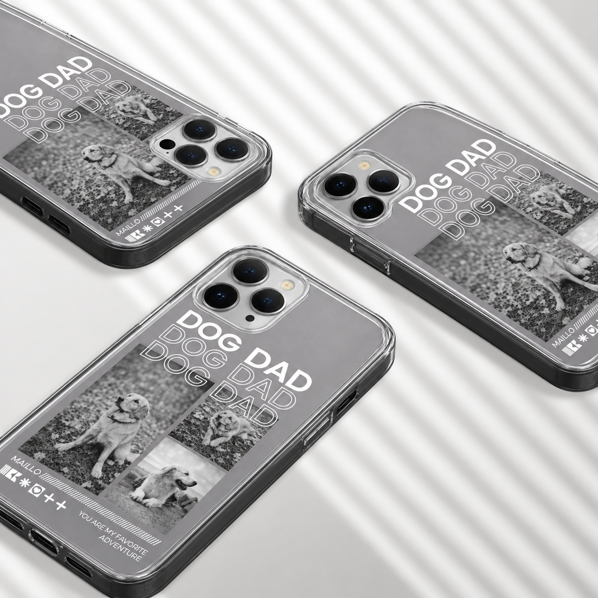 Funda de móvil personalizada con motivos de perros y el texto "DOG DAD" en blanco y negro.