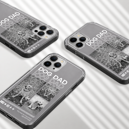 Funda de móvil personalizada con motivos de perros y el texto "DOG DAD" en blanco y negro.