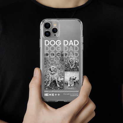 Funda de móvil transparente personalizada con motivo "Dog Dad" y fotos de perros en blanco y negro.
