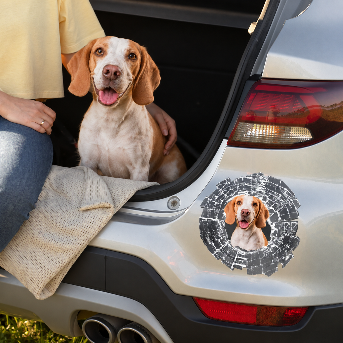 Pegatina de coche personalizada con foto de un beagle en un vehículo gris, efecto de cristal roto.