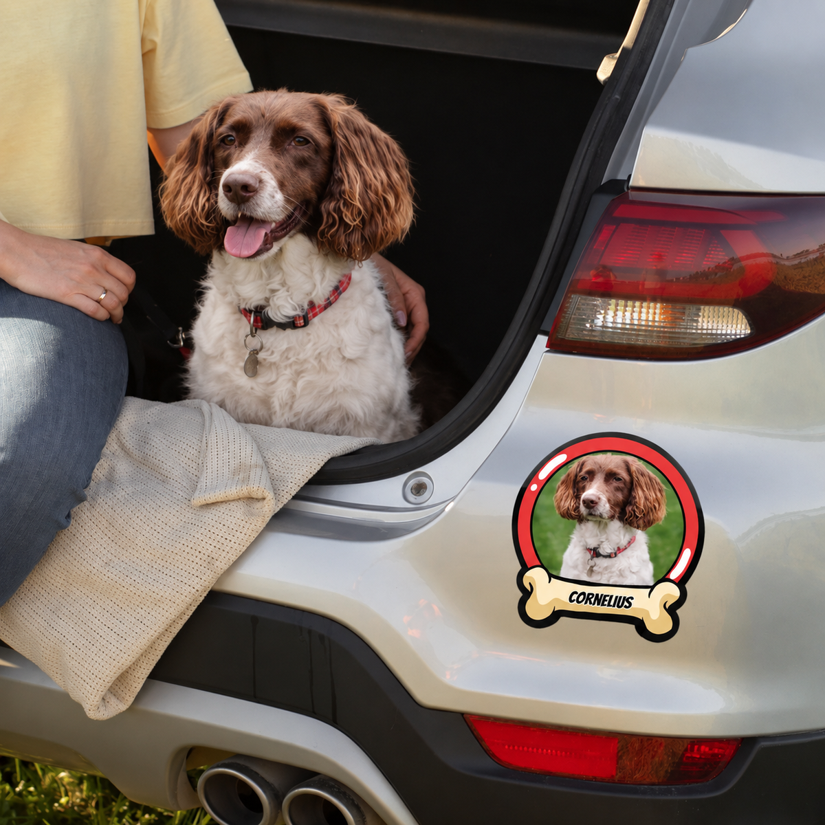 Pegatina de coche personalizada con foto de perro y nombre, en el maletero de un coche gris.