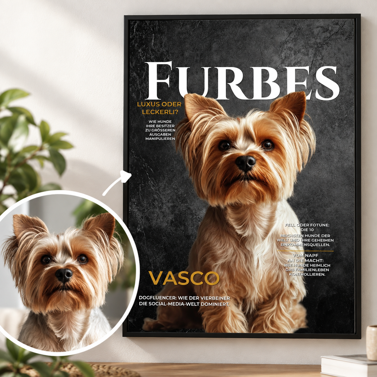 Póster personalizable con un perro, fondo negro y el texto dorado "FURBES".