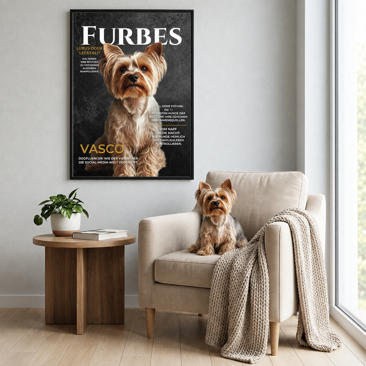 Póster personalizado con un perro en portada. Marco de madera, fondo negro, letras doradas. Perro sentado en un sillón.