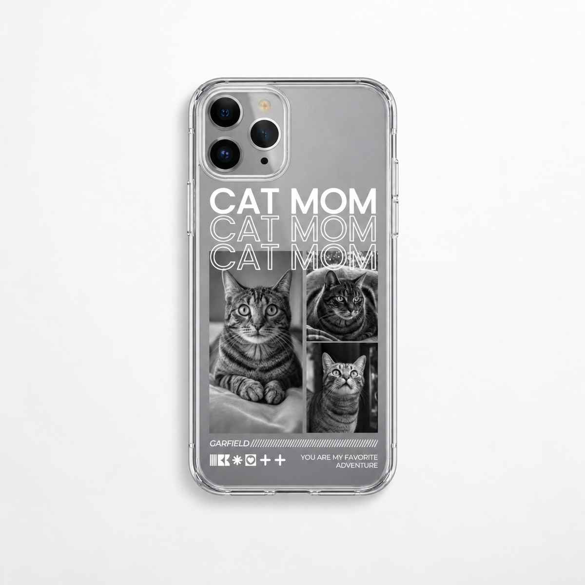Funda de móvil transparente personalizada con motivos de gatos y el texto "Cat Mom".