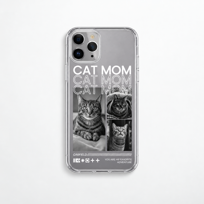Funda de móvil transparente personalizada con motivos de gatos y el texto "Cat Mom".