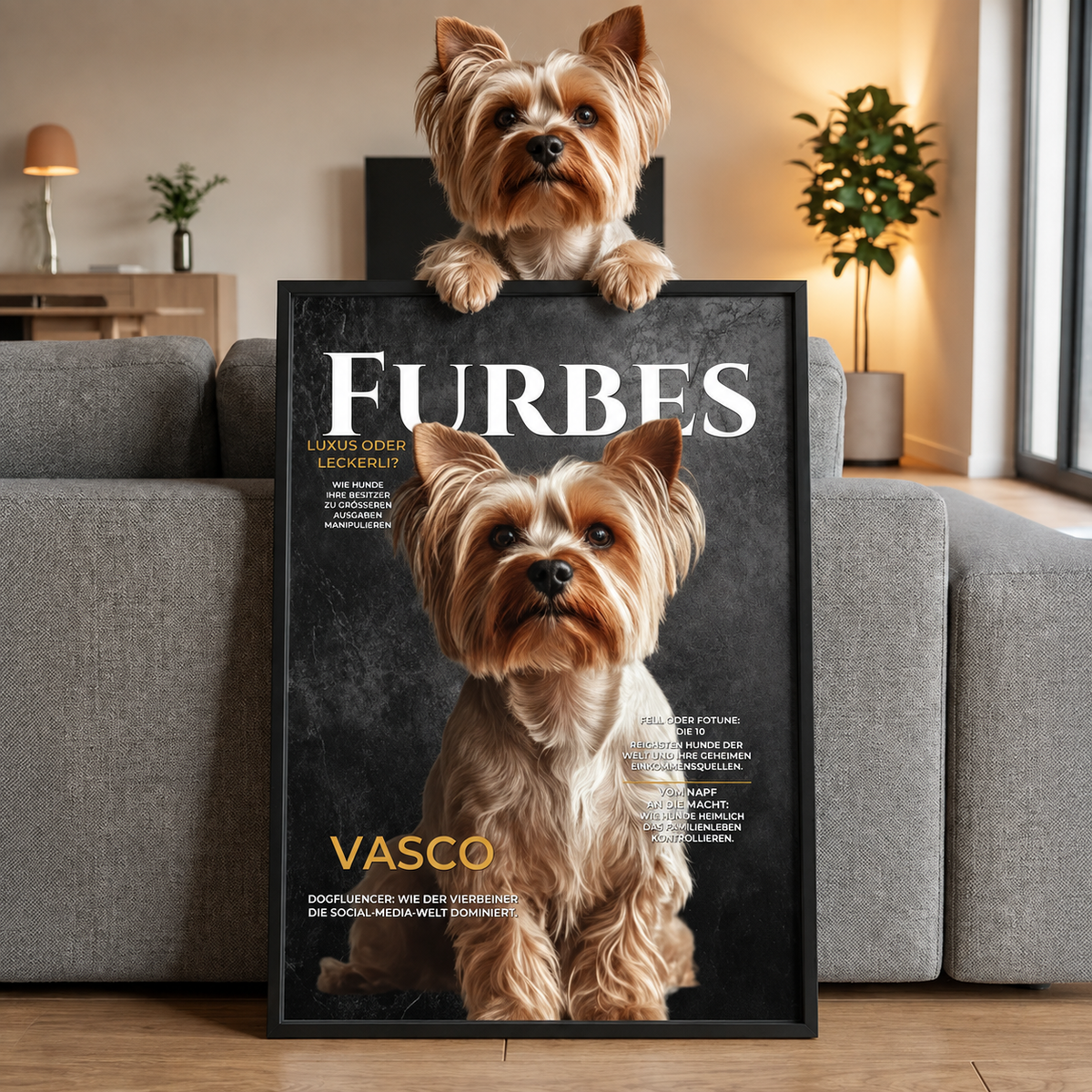 Póster personalizado de un perro en portada de revista en un salón. Marco negro.