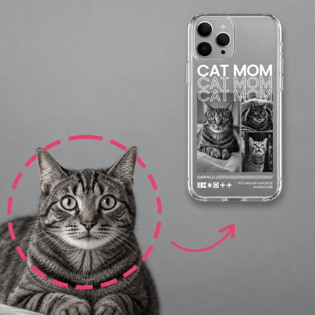 Funda de móvil transparente personalizada con motivos de gatos y el texto "CAT MOM". Gato en primer plano.