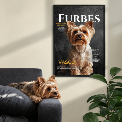 Póster de perro personalizado estilo revista, enmarcado, titulado "FURBES". Perro relajado en un sofá.