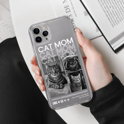 Funda de móvil transparente personalizada con motivos de gatos y el texto "Cat Mom".