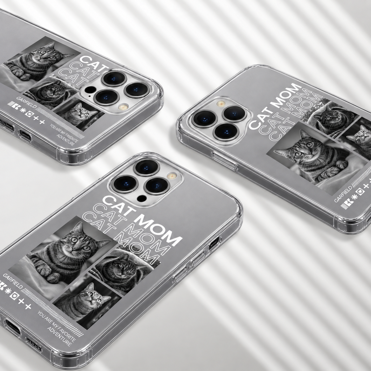 Funda de móvil transparente personalizada con motivos de gatos en blanco y negro y el texto "Cat Mom".