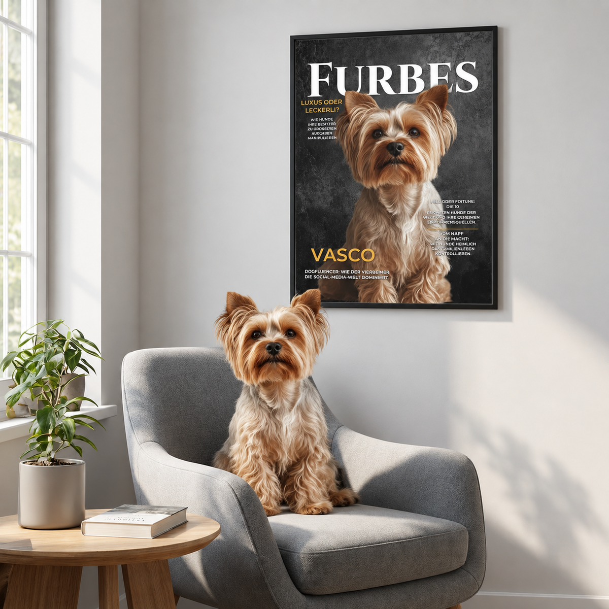 Un perro en un sillón gris delante de un póster personalizado con el nombre "Vasco".