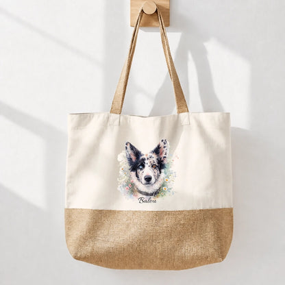 Bolsa de compras de algodón con base efecto yute y motivo de perro en acuarela, personalizada con el nombre Balou.