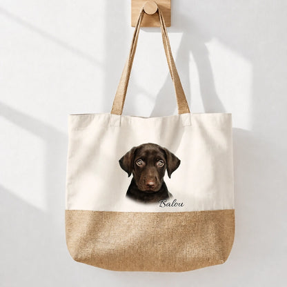 Bolsa de compras personalizada de algodón con base efecto yute, impresa con el retrato de un perro.
