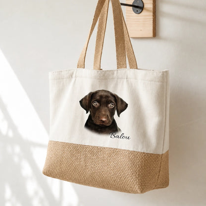 Bolsa de compras beige con retrato de perro marrón y nombre personalizado Balou.