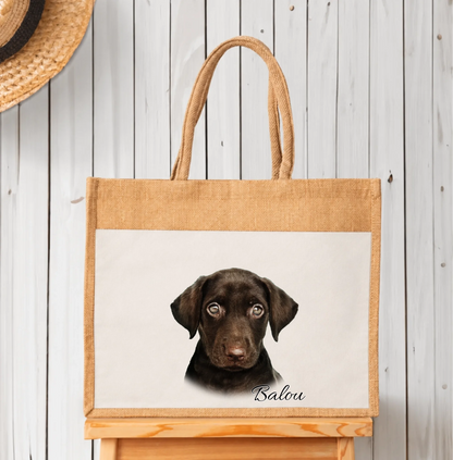 Bolsa de compras personalizada de yute con retrato de perro y el nombre “Balou”.
