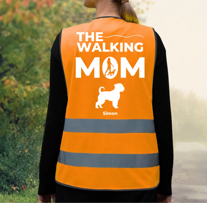 Chaleco de seguridad naranja personalizado con bandas reflectantes, estampado “The Walking Mom” y motivo de perro.