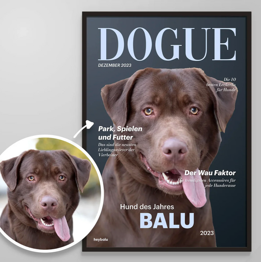 Póster personalizable para perro con un labrador sonriente, diseño moderno y gran texto "DOGUE".