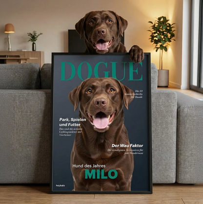 Póster personalizado con un labrador chocolate, en un salón con sofá gris y lámpara de madera.