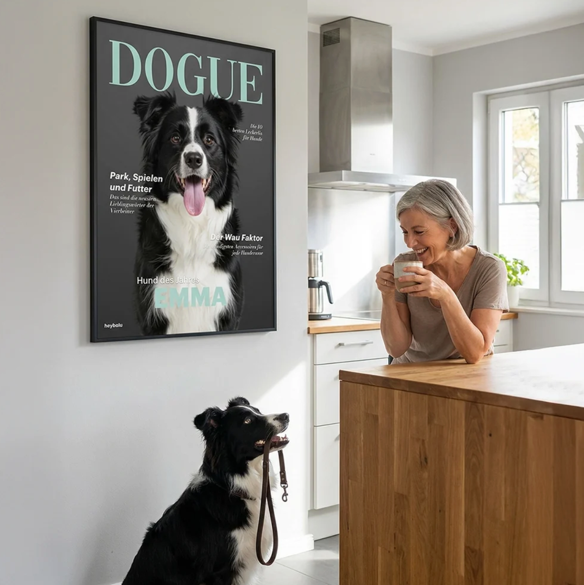 Póster personalizado con perro en portada de revista, marco negro, cocina moderna al fondo.
