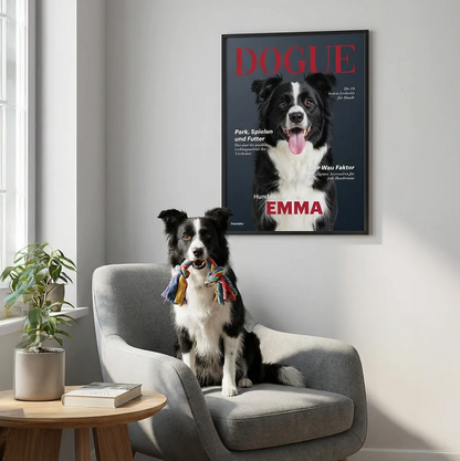 Póster personalizable con foto de perro, perro sentado en un sillón, planta verde al fondo.