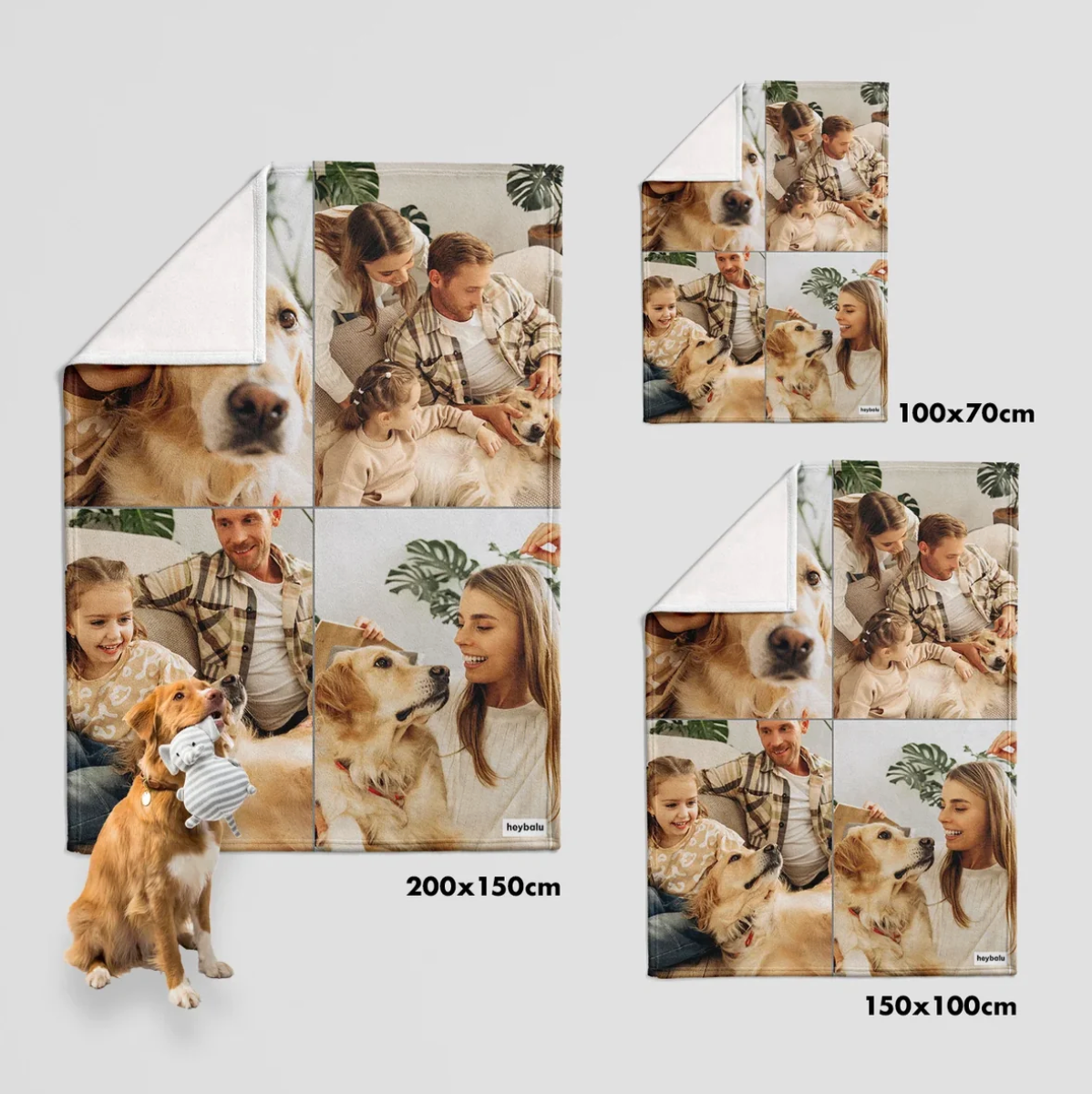 Mantas personalizadas en distintos tamaños con tus propias fotos, como fotos familiares y de mascotas.