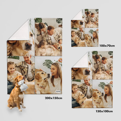 Mantas personalizadas en distintos tamaños con tus propias fotos, como fotos familiares y de mascotas.