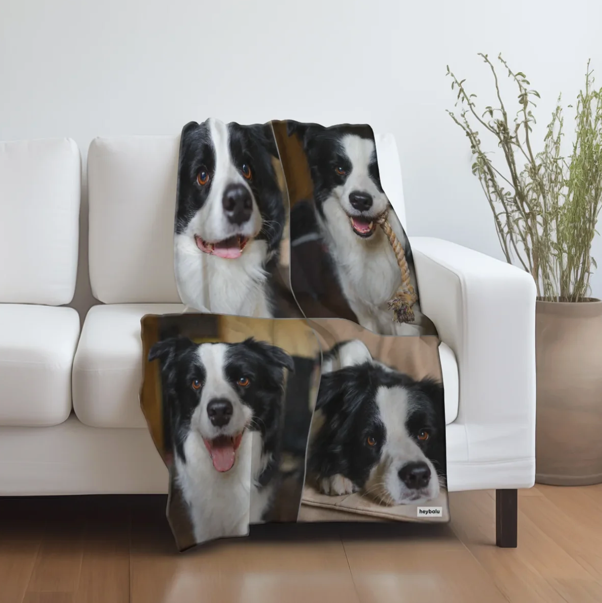 Manta personalizada con fotos de un perro, sobre un sofá.