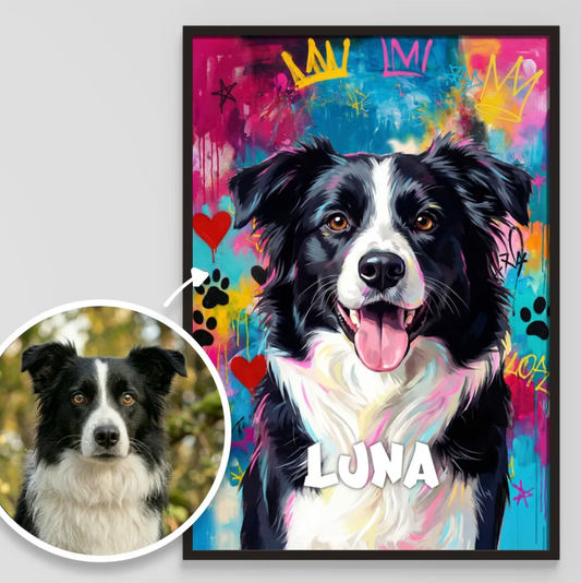 Póster grafiti personalizado de un perro con fondo colorido y el nombre "LUNA".