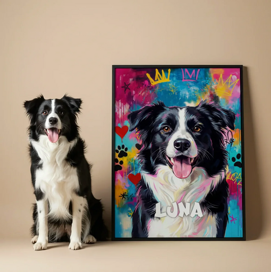 Póster grafiti personalizado de un perro con fondo colorido y detalles de colores.