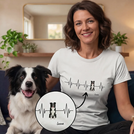 Camiseta blanca con diseño de latido personalizado y motivo de perro. Mujer sentada en el sofá con un perro.