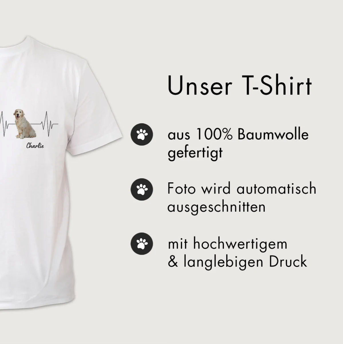 Camiseta blanca 100% algodón con motivo de perro y diseño de latido. Opción de nombre personalizado.