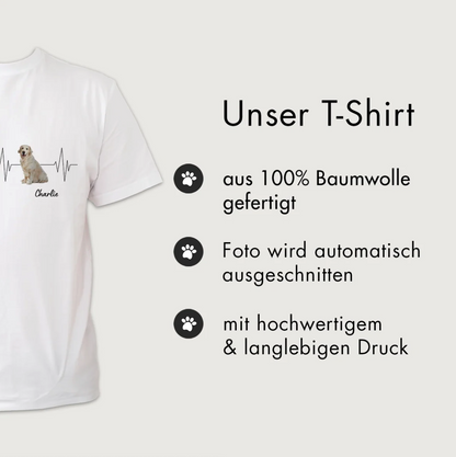 Camiseta blanca 100% algodón con motivo de perro y diseño de latido. Opción de nombre personalizado.