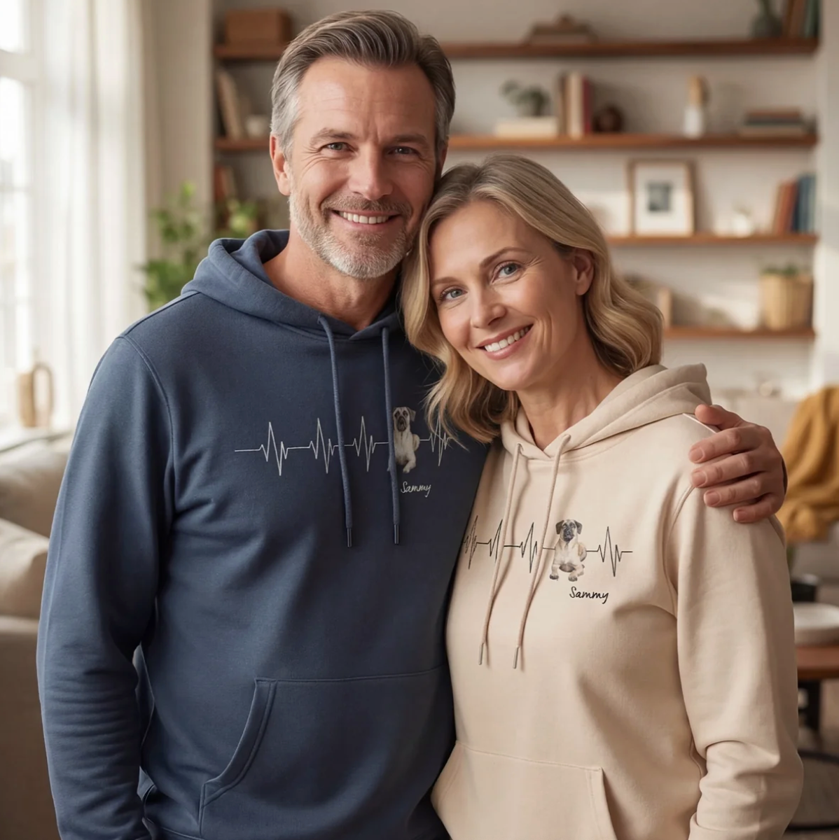Sudaderas con capucha personalizadas en azul y beige con diseño de latido e ilustración de perro.
